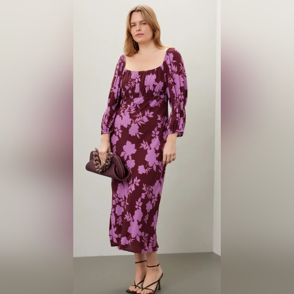 Peter Som Dress, Size 2,‎ Midi, Square Neckline, Puff Sleeves, Plum Floral Print
